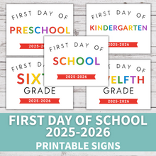 Load image into Gallery viewer, Set of 'First Day of School' signs for different grade levels on a wooden background.
