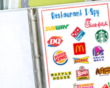 Load image into Gallery viewer, restaurant ispy printable game in white travel binder