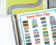 Load image into Gallery viewer, license plate ispy game with license plate photos in white binder