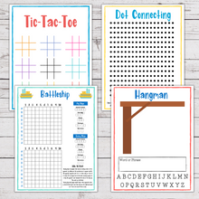 Load image into Gallery viewer, colorful tic tac toe, dot connecting, battleship, and hangman printables on white wood background