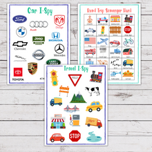 Load image into Gallery viewer, car ispy, travel ispy, and road trip scavenger hunt pages on white wood background