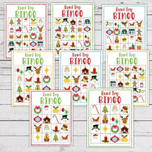 Load image into Gallery viewer, colorful holiday themed road trip bingo pages on wood background