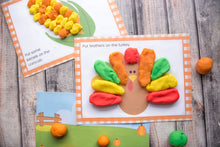 Load image into Gallery viewer, play dough turkey corn pumpkins printable mats on wood background