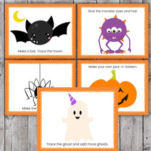 Load image into Gallery viewer, halloween play dough mats with ghost pumpkin printables layout on wood background
