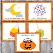 Load image into Gallery viewer, layout of halloween play doh mats printables with pumpkin spider etc  layout on wood background
