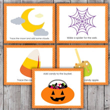 Load image into Gallery viewer, layout of halloween play doh mats printables with pumpkin spider etc layout on wood background