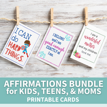 Load image into Gallery viewer, affirmation cards for kids, teens, and moms hanging from clothespin on wooden background