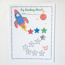 Load image into Gallery viewer, my reading chart with rocket and stars printable page on white background
