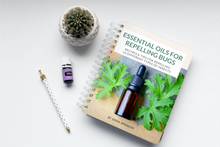 Load image into Gallery viewer, spiral book essential oils for repelling bugs with cactus, oil bottle, and pencil
