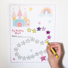 Load image into Gallery viewer, child coloring stars on princess girl reading chart printable on white background
