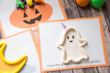 Load image into Gallery viewer, halloween play dough mats ghost, jack o lantern for kids on wood background