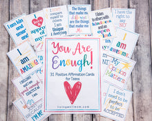 Load image into Gallery viewer, you are enough positive affirmation cards for teens in various colors and designs on wood background

