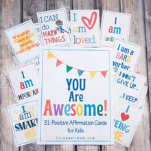 Load image into Gallery viewer, you are awesome positive affirmation cards for kids with various colors and designs on wood background