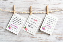 Load image into Gallery viewer, positive affirmations for moms hanging from clothespins on wood background