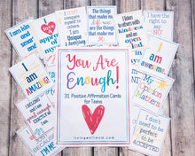 Load image into Gallery viewer, you are enough affirmation cards for teens in a variety of colors and designs on wood background