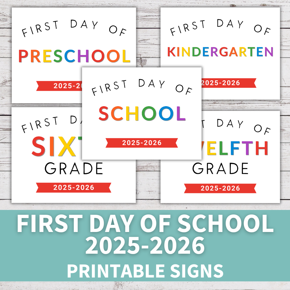 Set of 'First Day of School' signs for different grade levels on a wooden background.