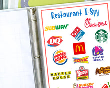 Load image into Gallery viewer, restaurant ispy printable game in white travel binder
