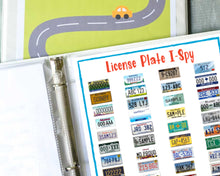 Load image into Gallery viewer, license plate ispy game with license plate photos in white binder
