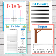 Load image into Gallery viewer, colorful tic tac toe, dot connecting, battleship, and hangman printables on white wood background
