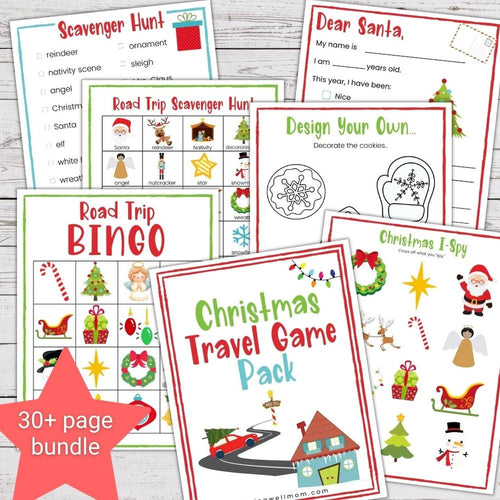 printable Christmas travel game pages on wood background