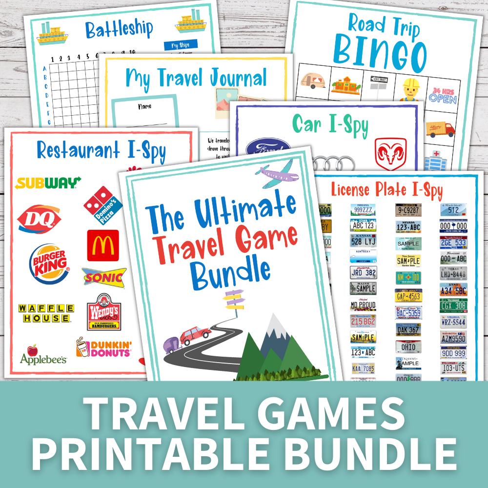 layout of printables included in travel games bundle