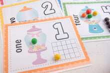 Load image into Gallery viewer, colorful playdough on printed numbers playdough mats
