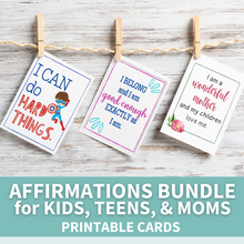 Load image into Gallery viewer, affirmation cards for kids, teens, and moms hanging from clothespin on wooden background
