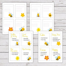Load image into Gallery viewer, yellow bees essential oil recipe blend cards on white wood background
