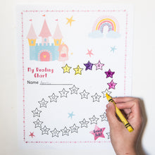 Load image into Gallery viewer, child coloring stars on princess girl reading chart printable on white background
