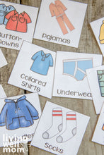 Load image into Gallery viewer, layout of colorful labels with kids clothes on wood background
