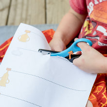 Load image into Gallery viewer, preschool child in red shirt practicing cutting with worksheets
