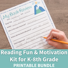 Load image into Gallery viewer, child writing on a book review worksheet page on wood background - reading fun and motivation kit for k-8th grade 
