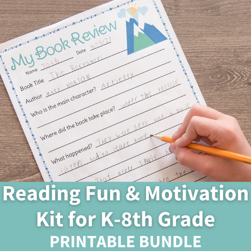 child writing on a book review worksheet page on wood background - reading fun and motivation kit for k-8th grade 