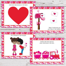 Load image into Gallery viewer, sample layout of valentine play dough mats with hearts, mailbox, train, and kidson light wood background
