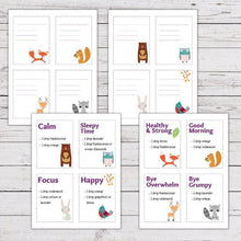 Load image into Gallery viewer, wildlife animals essential oil recipe card blends on white wood background
